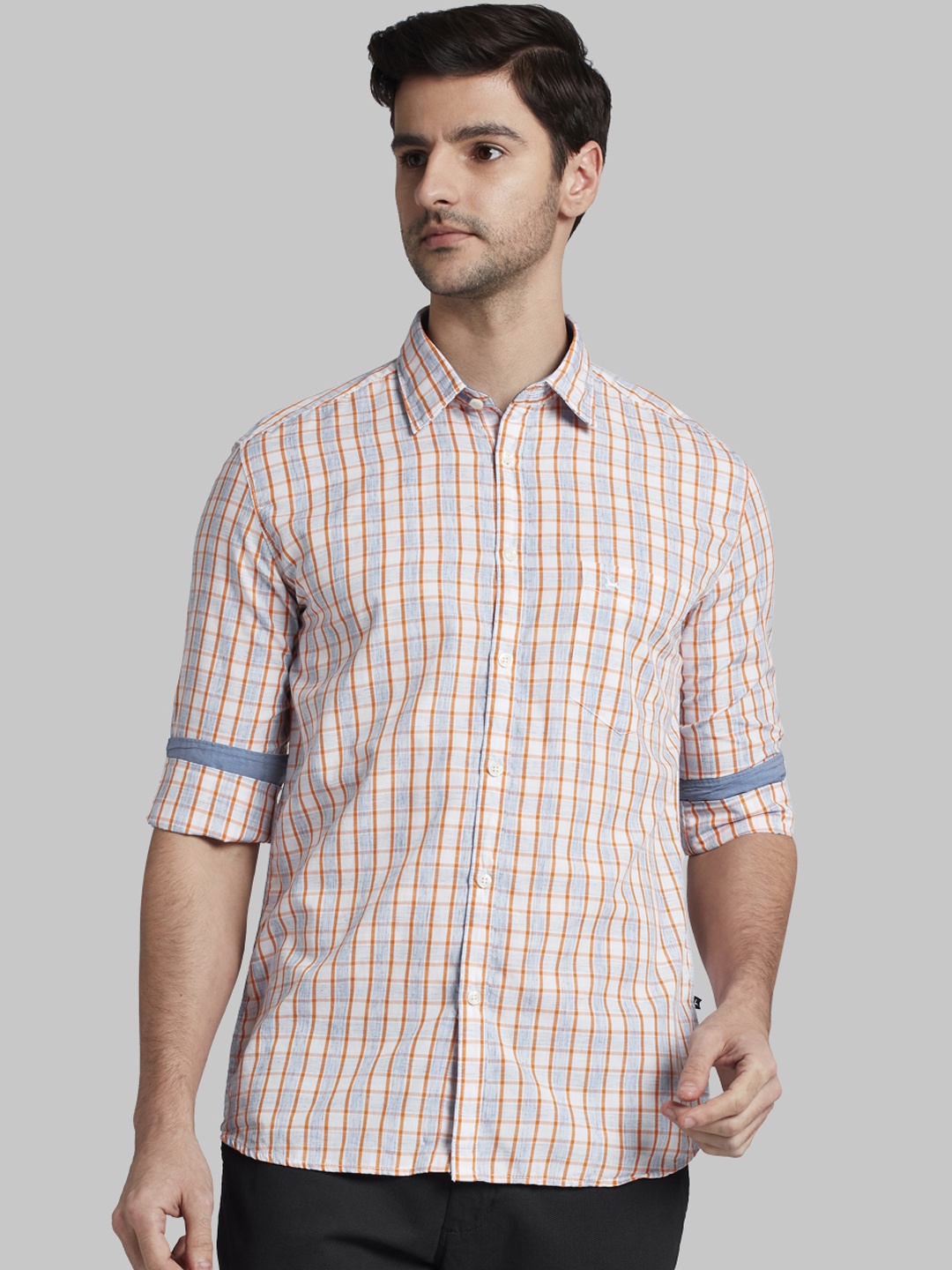 

Parx Men Cream-Coloured & Orange Slim Fit Checked Casual Shirt