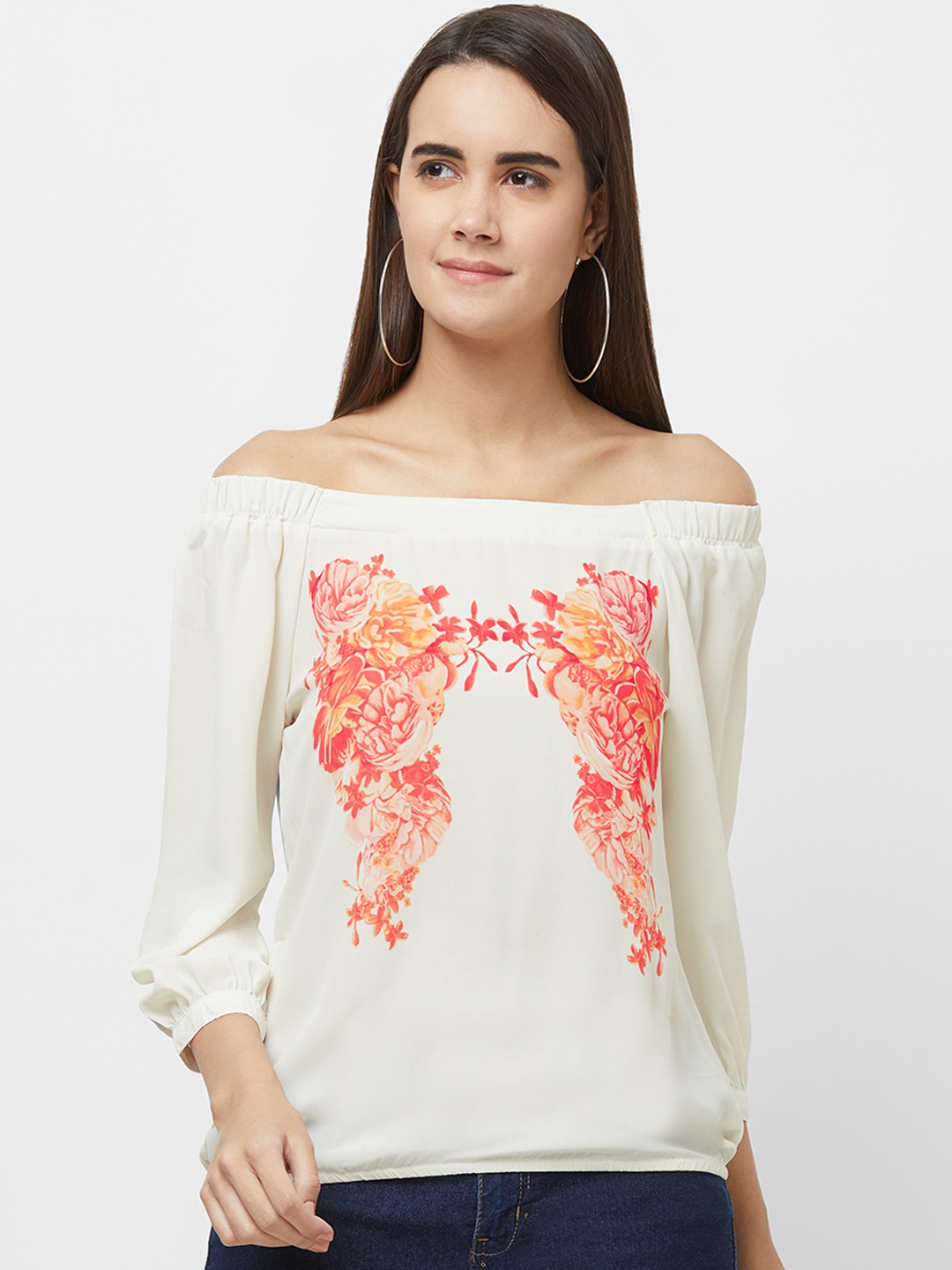 

109F Women Off-White Printed Bardot Top