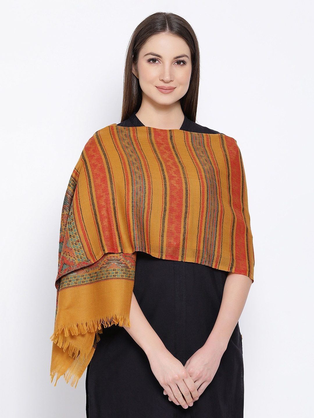 

SHINGORA Women Mustard Brown & Red Striped Stole