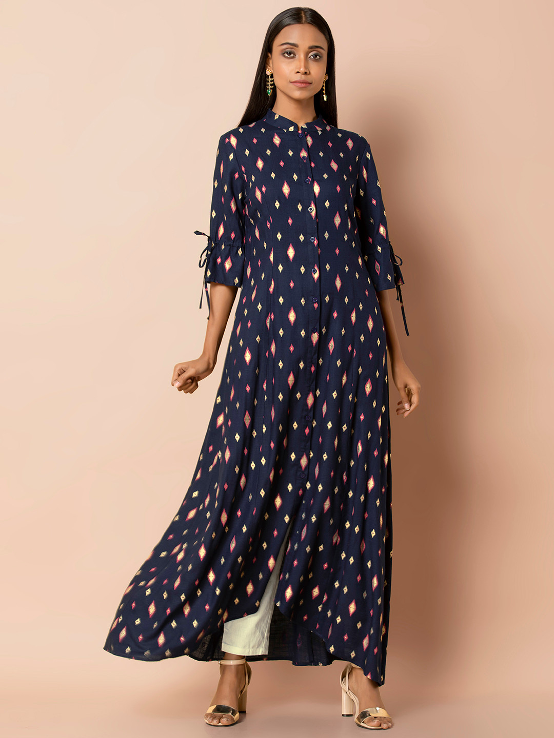 

INDYA Women Navy Blue & Golden Printed A-Line Kurta