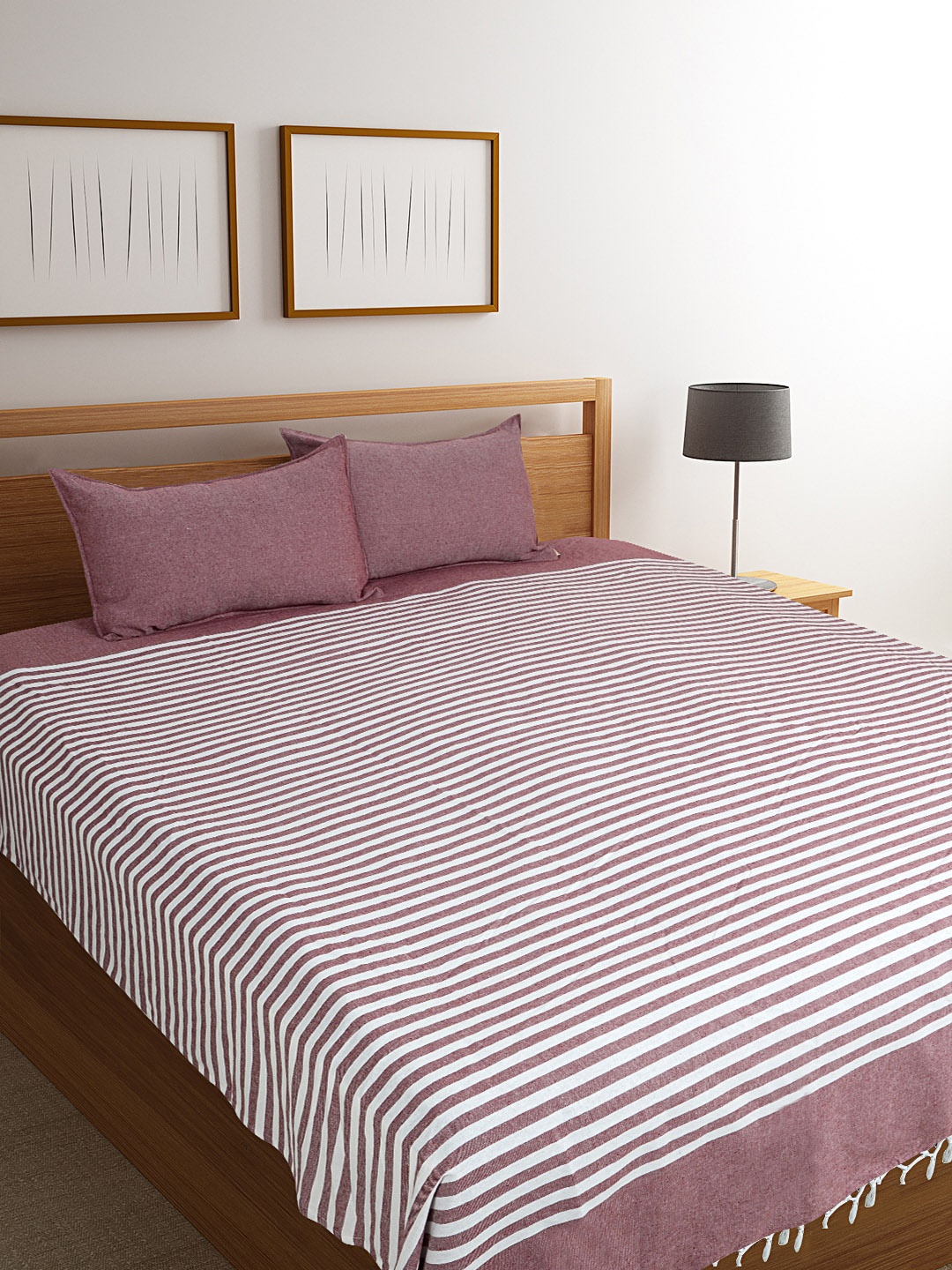 

Saral Home Maroon Striped 500TC Bed Covers with Two Pillow Covers