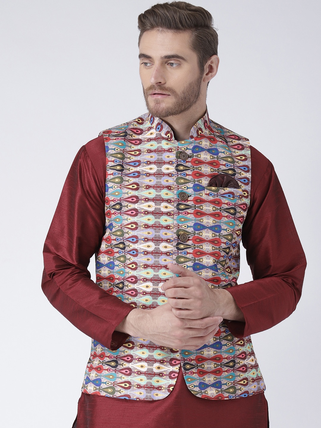 

Hangup Men Multicoloured Printed Nehru Jacket With Pocket Square, Multi