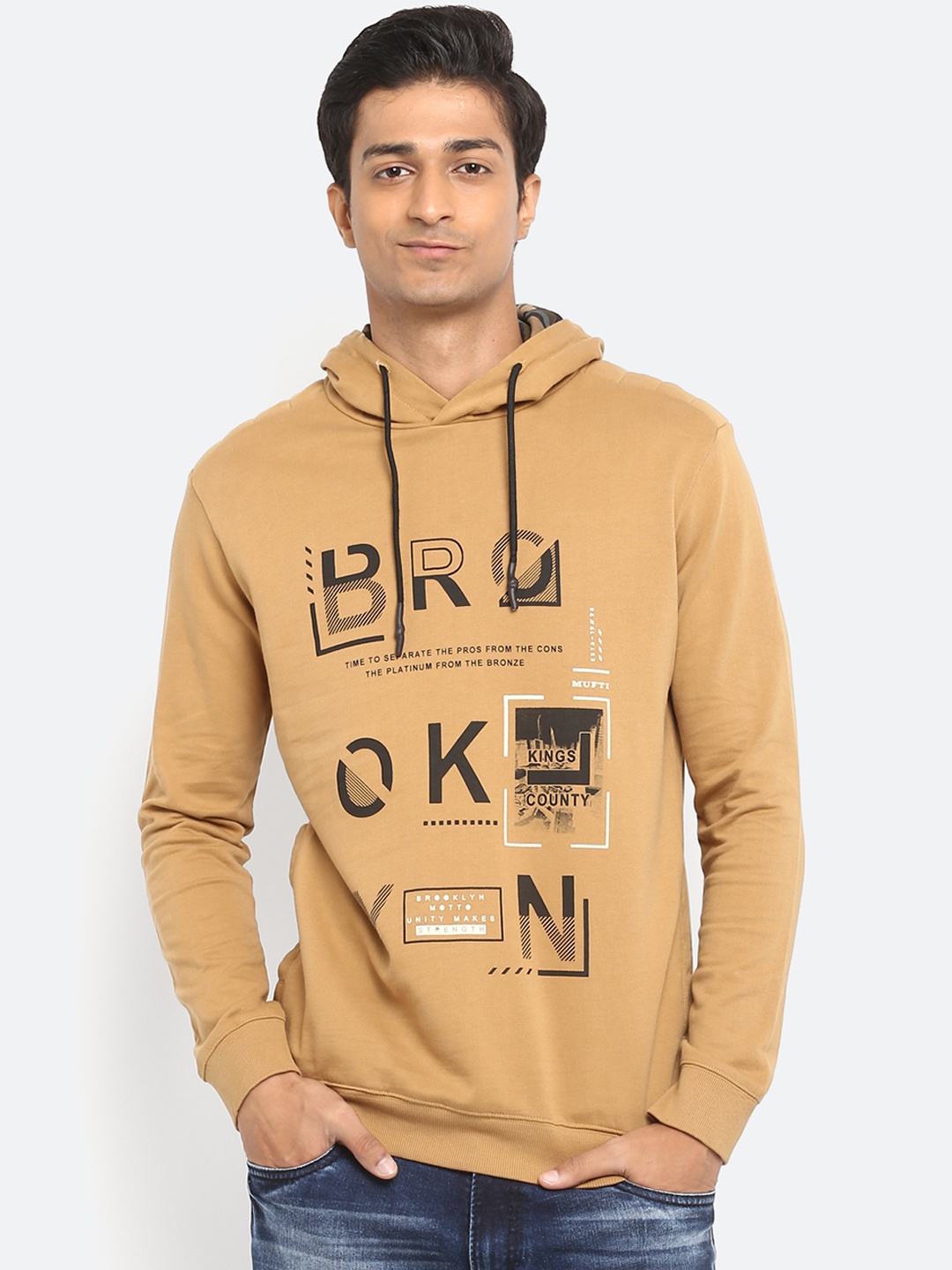 

Mufti Men Khaki Printed Hooded Sweatshirt