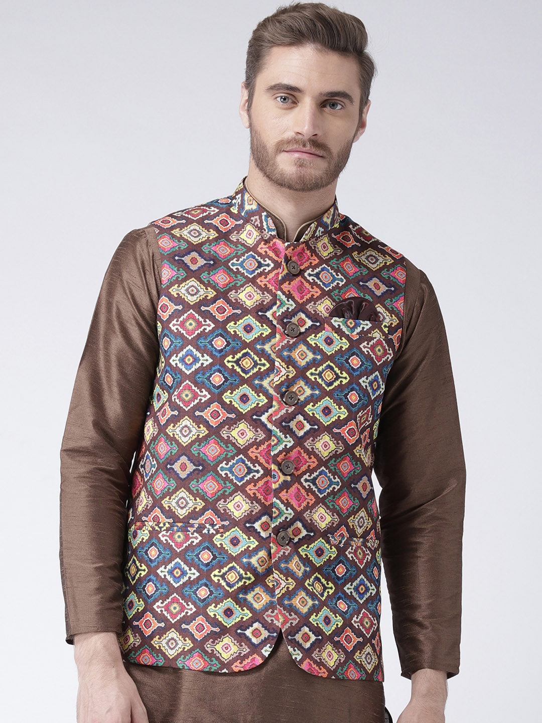 Hangup Men Multicoloured Printed Nehru Jacket With Pocket Square, Multi