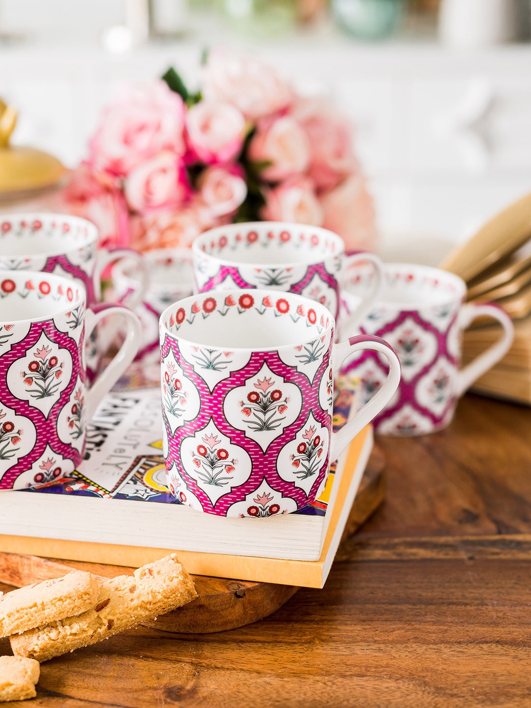 GOODHOMES White & Pink Set of 6 Printed Bone China Cup Set