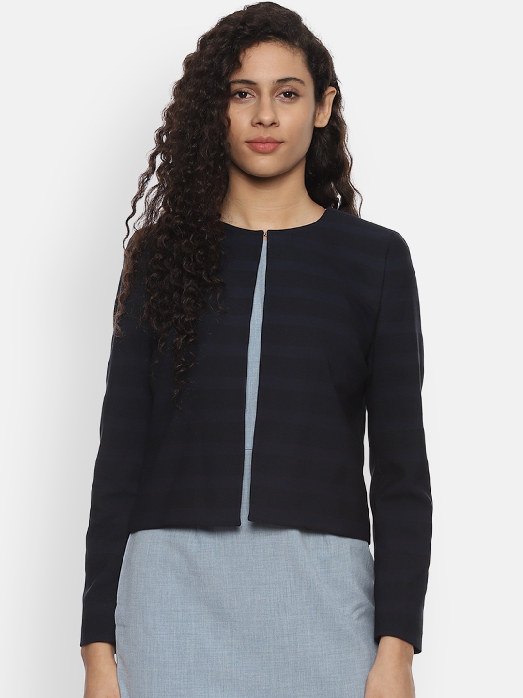 

Van Heusen Woman Navy Blue Striped Open Front Shrug