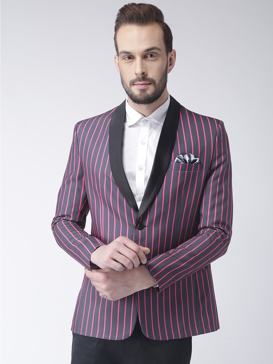 

Hangup Men Pink & Purple Striped Tuxedo Regular Fit Formal Blazer