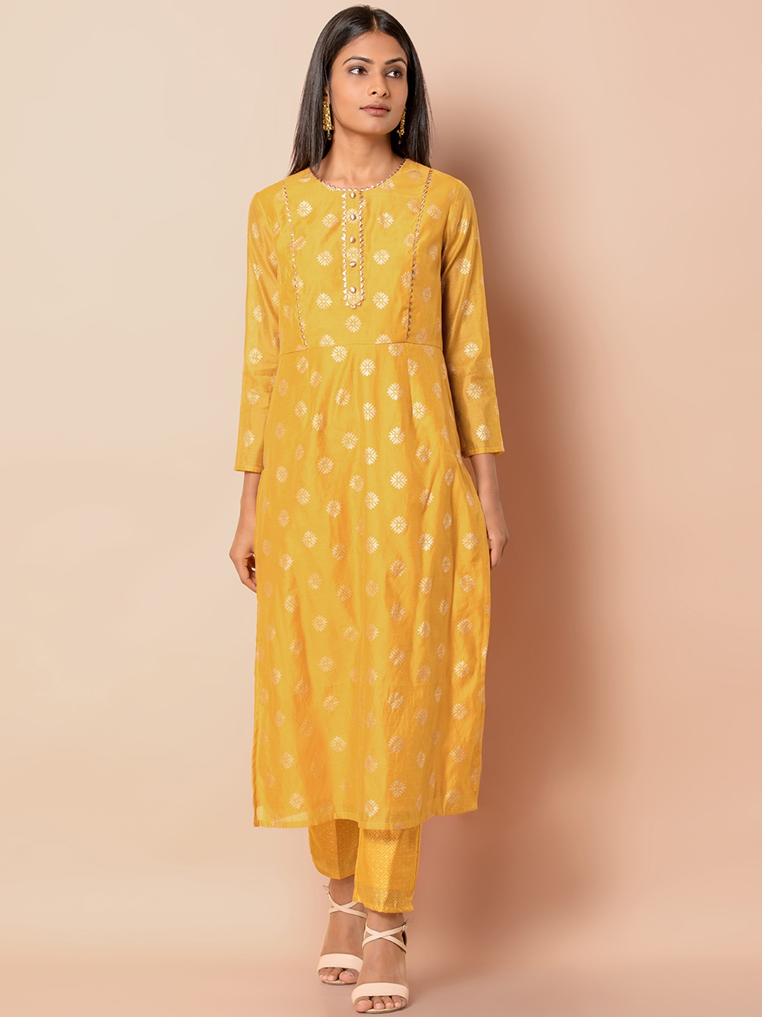 

INDYA Women Yellow & Gold-Coloured Printed Kurta with Trousers