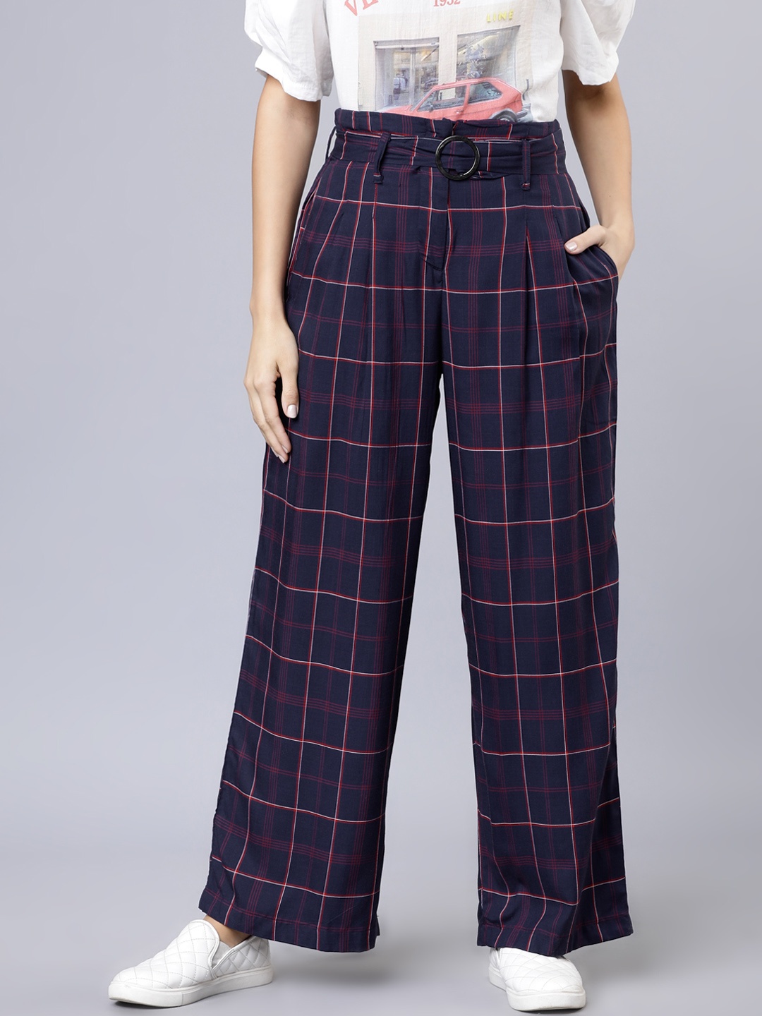 

Tokyo Talkies Women Navy Blue & Red Regular Fit Checked Parallel Trousers