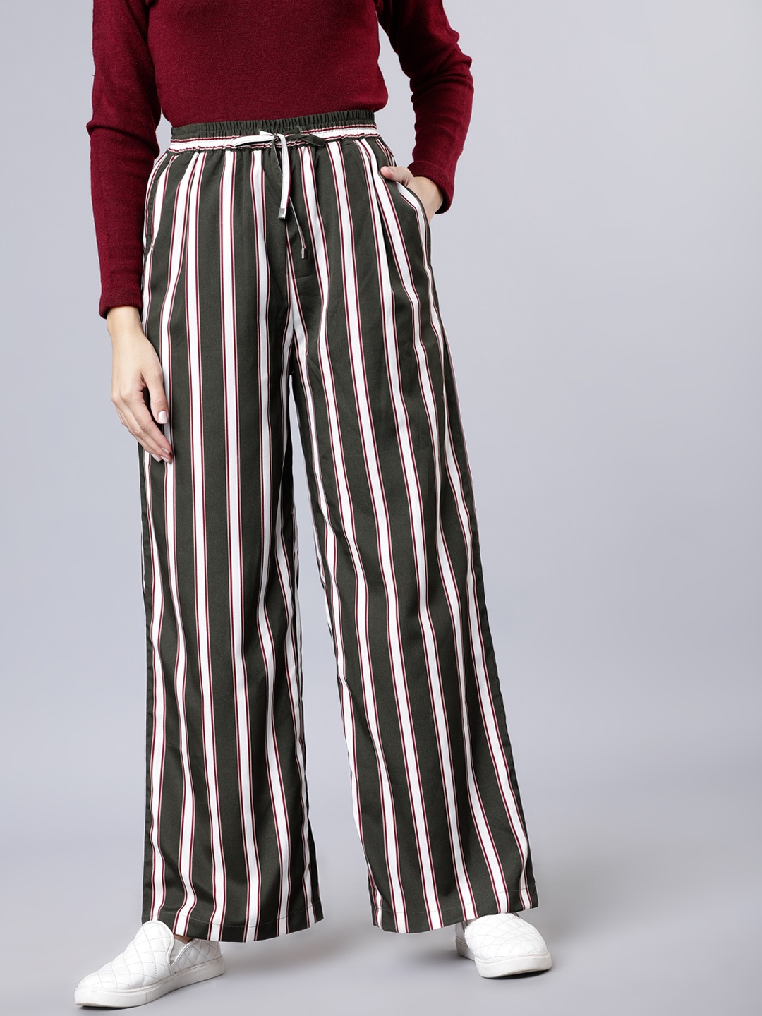 

Tokyo Talkies Women Green & White Regular Fit Striped Culottes