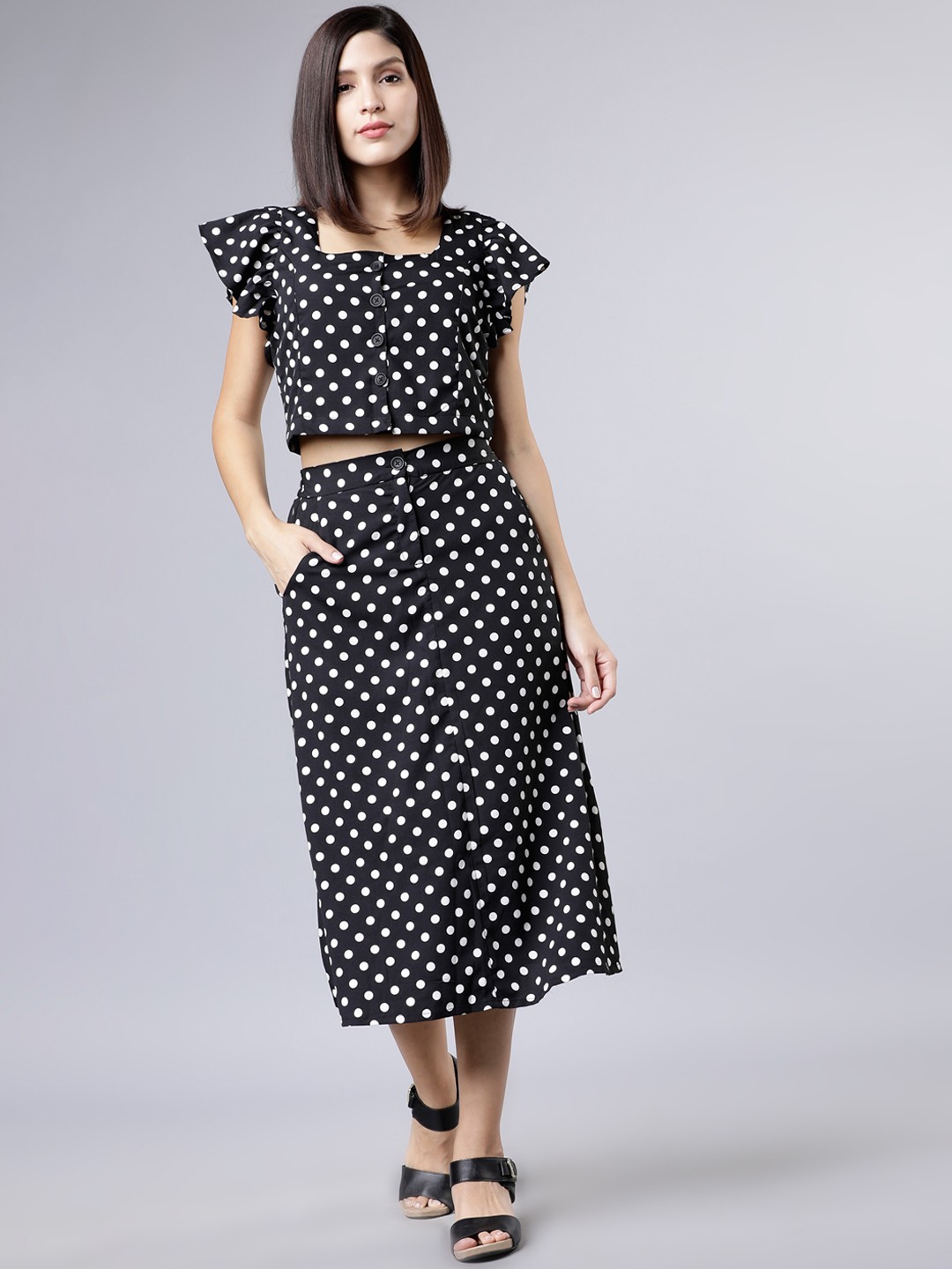 

Tokyo Talkies Women Black & White Polka Dot Printed Top with Skirt