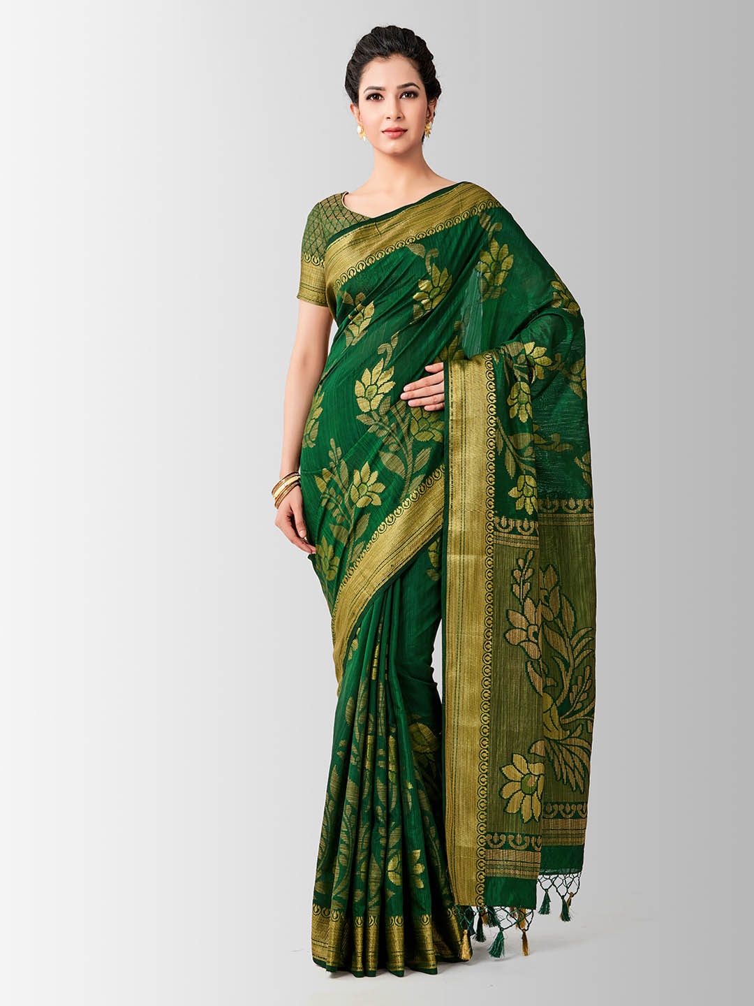 

MIMOSA Green Art Silk Woven Design Kanjeevaram Saree