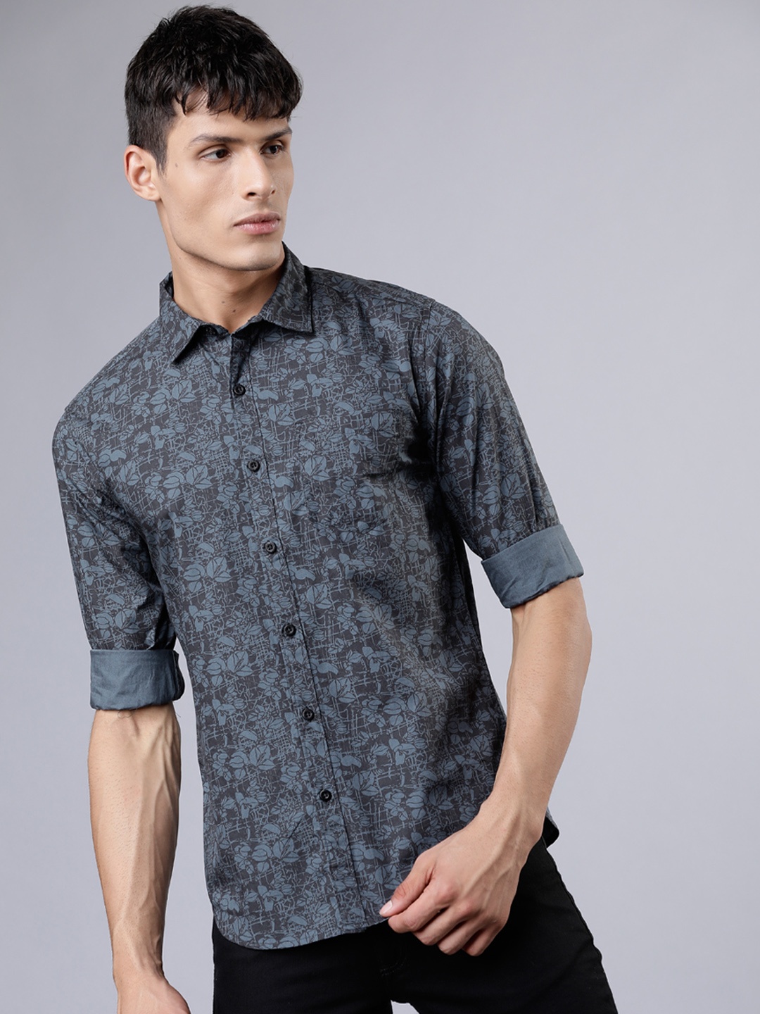 

HIGHLANDER Men Black & Charcoal Grey Slim Fit Printed Casual Shirt