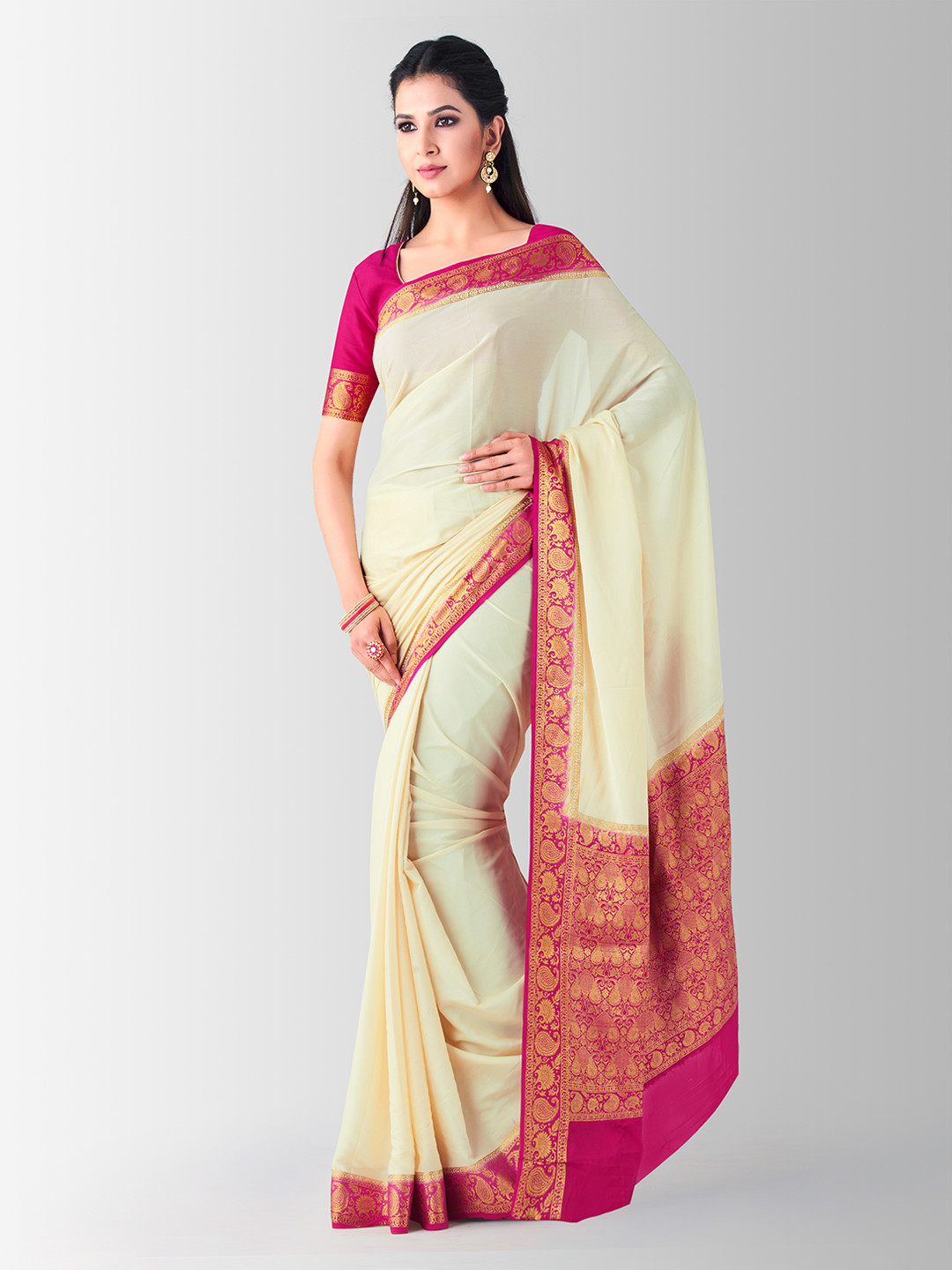 

MIMOSA Beige & Pink Poly Crepe Woven Design Kanjeevaram Saree