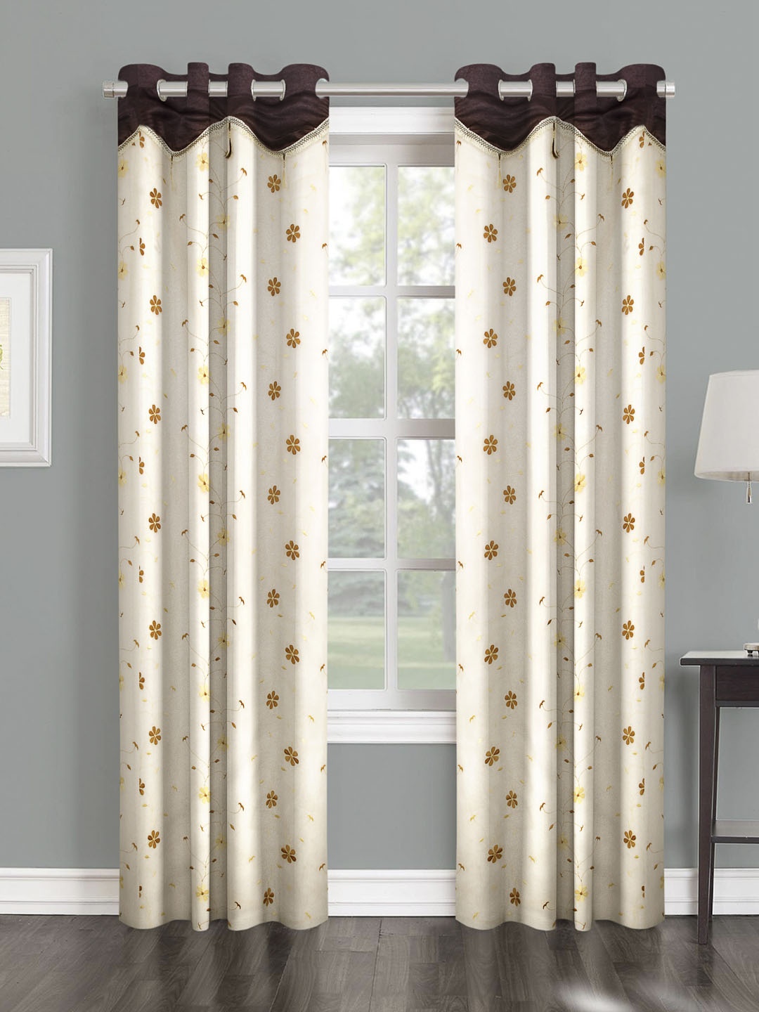 

Cortina Beige & Brown Set of 2 Fancy Valance Floral Printed Sheer Door Curtains