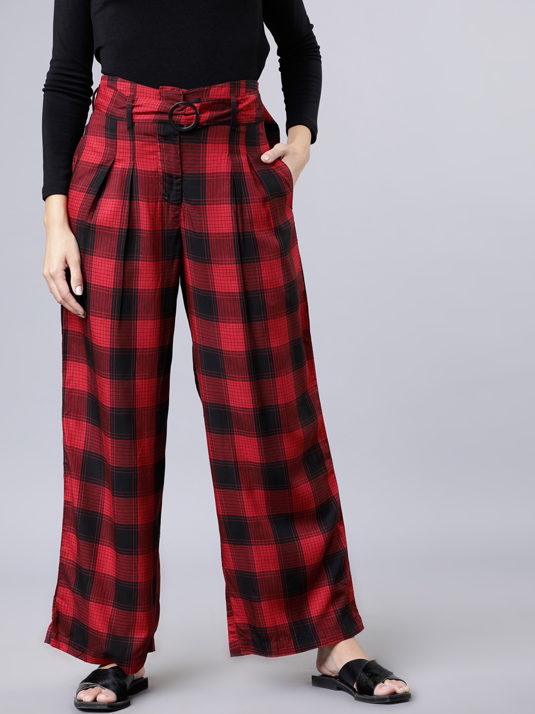 

Tokyo Talkies Women Red & Black Regular Fit Checked Parallel Trousers