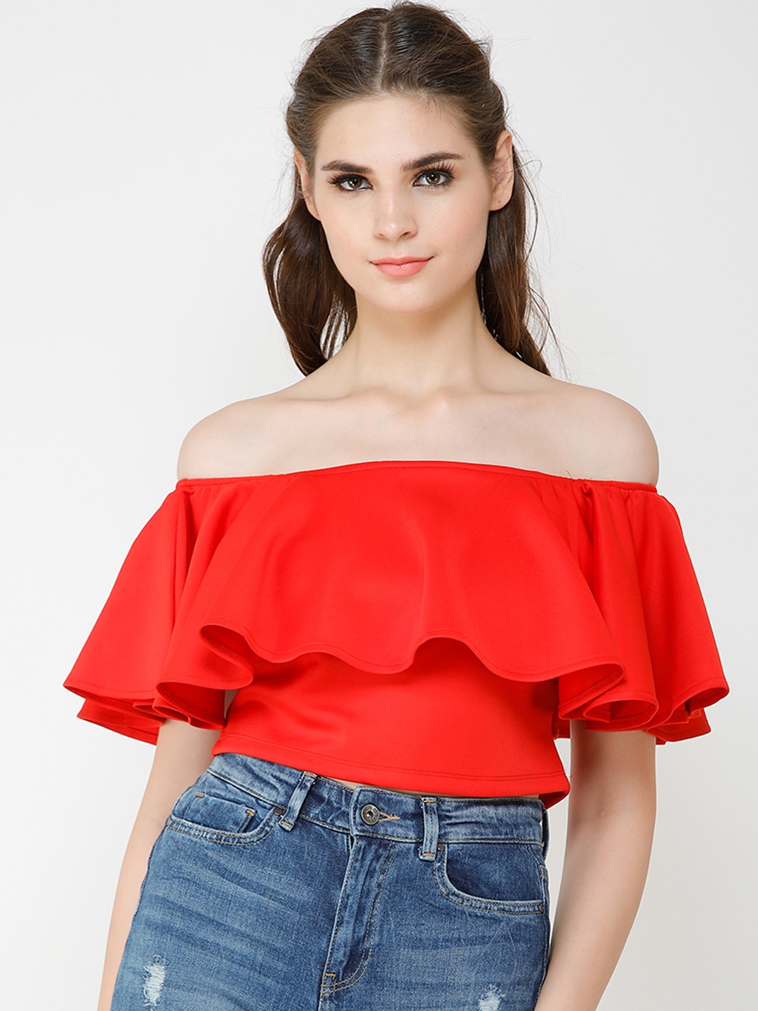 

Cation Women Red Solid Bardot Top