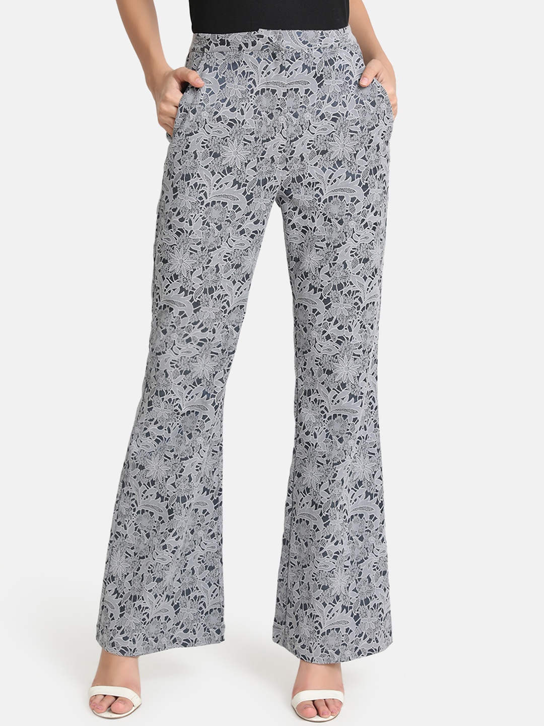

Kazo Women Grey Self Design Wide Leg Palazzos