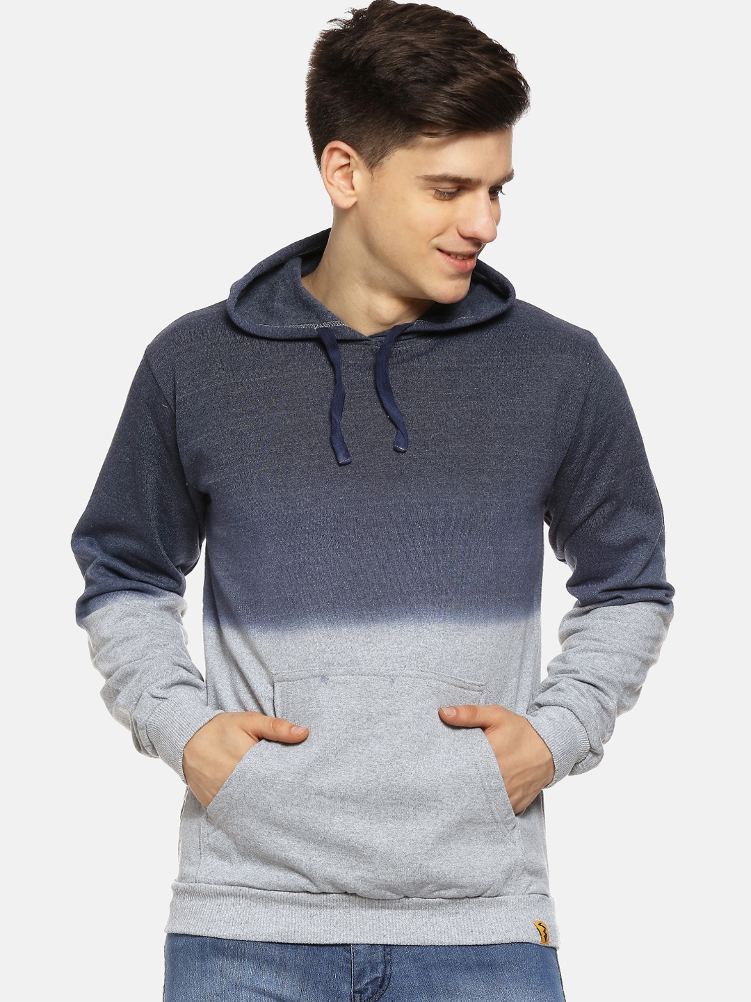Campus Sutra Men Blue & Grey Colourblocked Hooded Sweatshirt