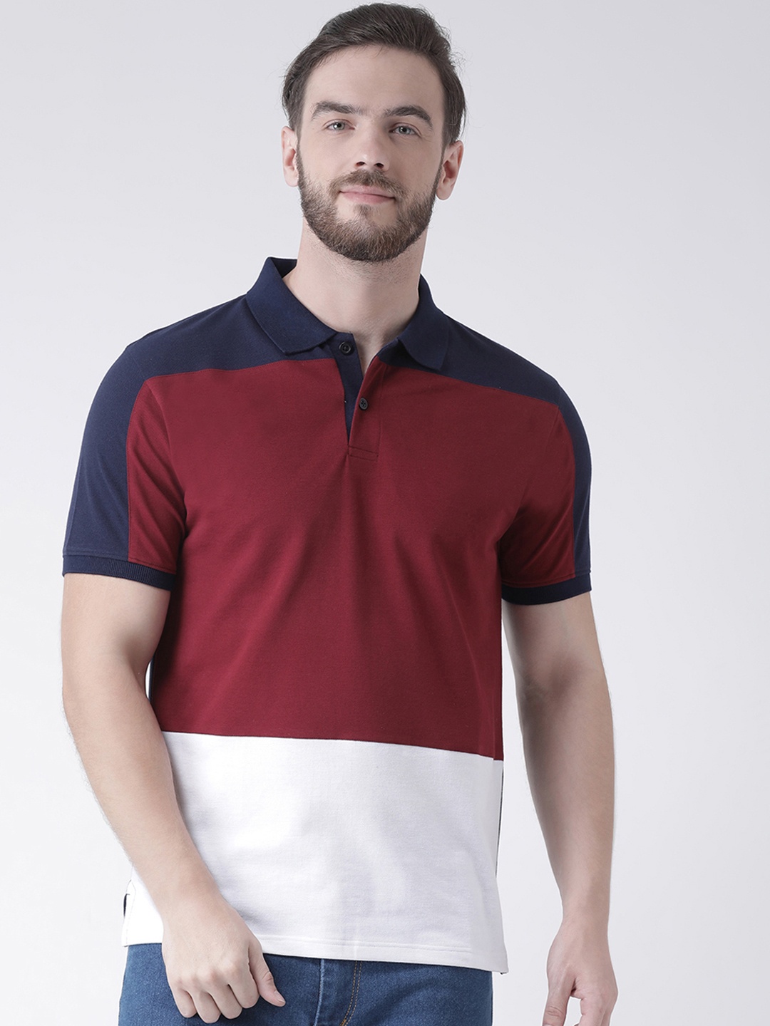 GRIFFEL Men Navy Blue Colourblocked Polo Collar T-shirt