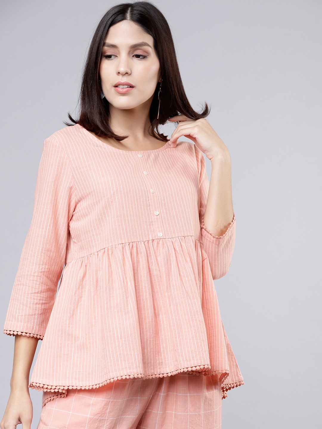

Vishudh Women Coral Orange Striped A-Line Pure Cotton Top