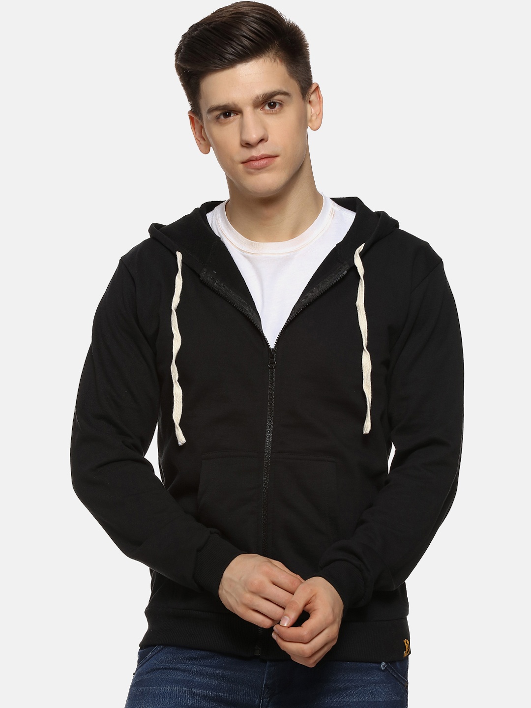 

Campus Sutra Men Black Solid Hooded Sweatshirt