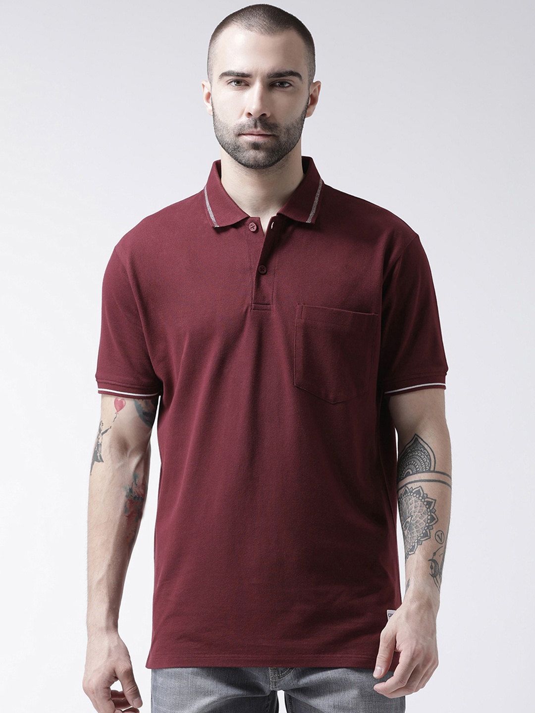 GRIFFEL Men Maroon Solid Polo Collar T-shirt