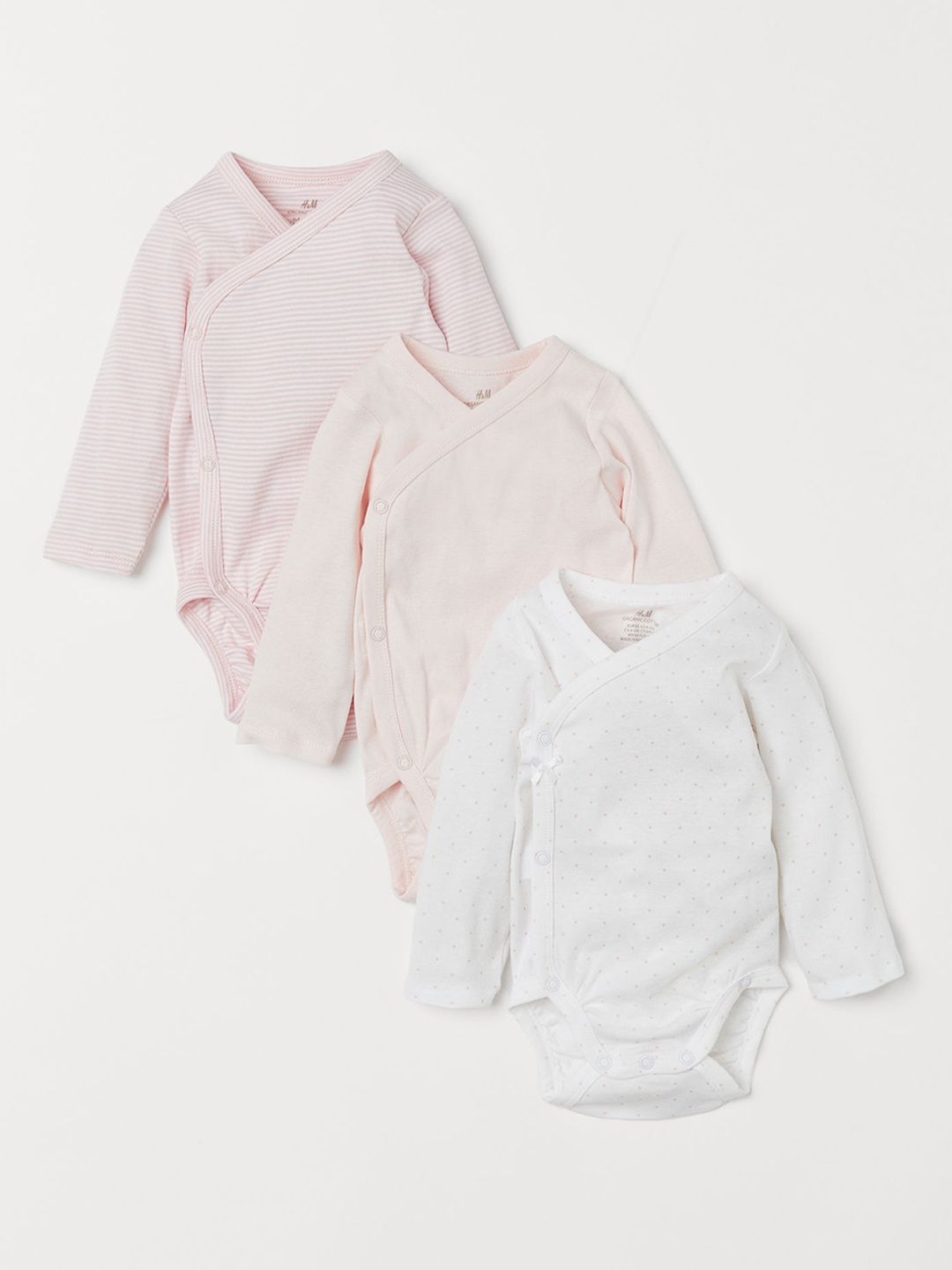 

H&M Girls 3 Pack Long-Sleeved Sustainable Rompers, Pink