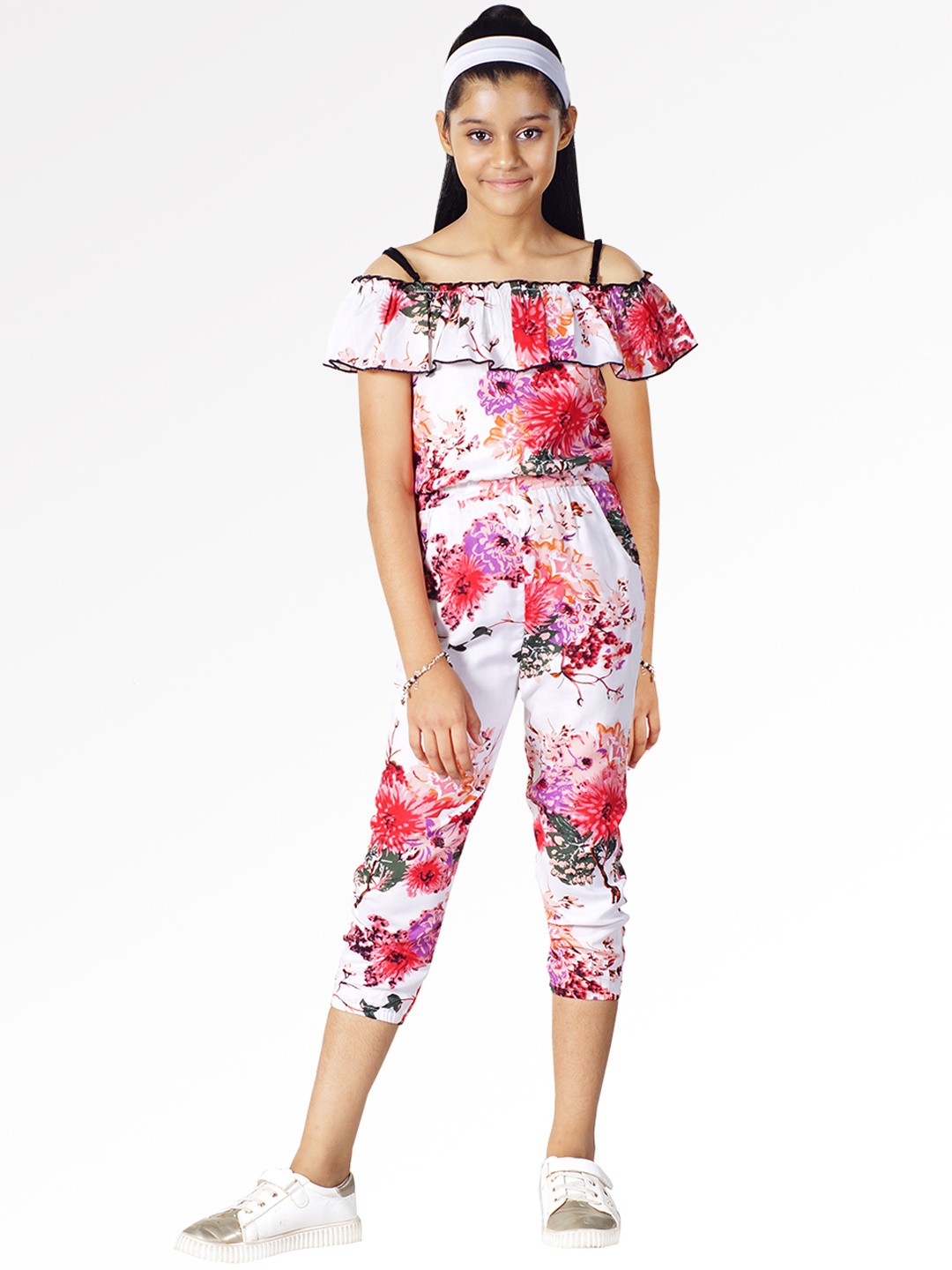 

naughty ninos Girls White & Red Printed Capri Jumpsuit