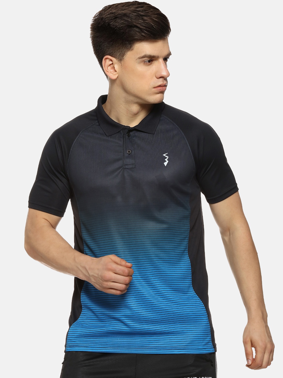 

Campus Sutra Men Blue Striped Polo Collar T-shirt