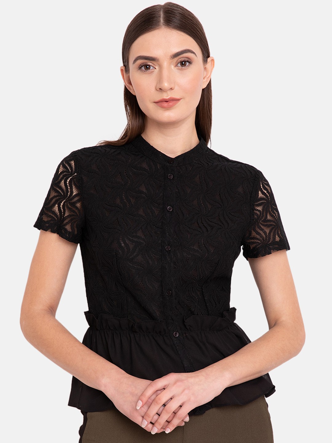 

Kazo Women Black Self Design Shirt Style Top