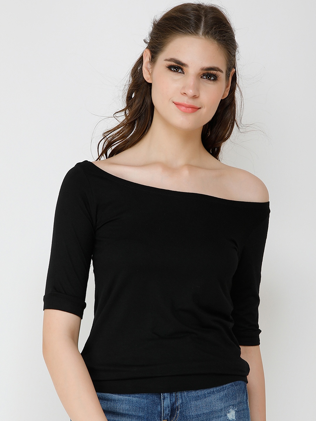 Cation Women Black Solid Bardot Pure Cotton Top