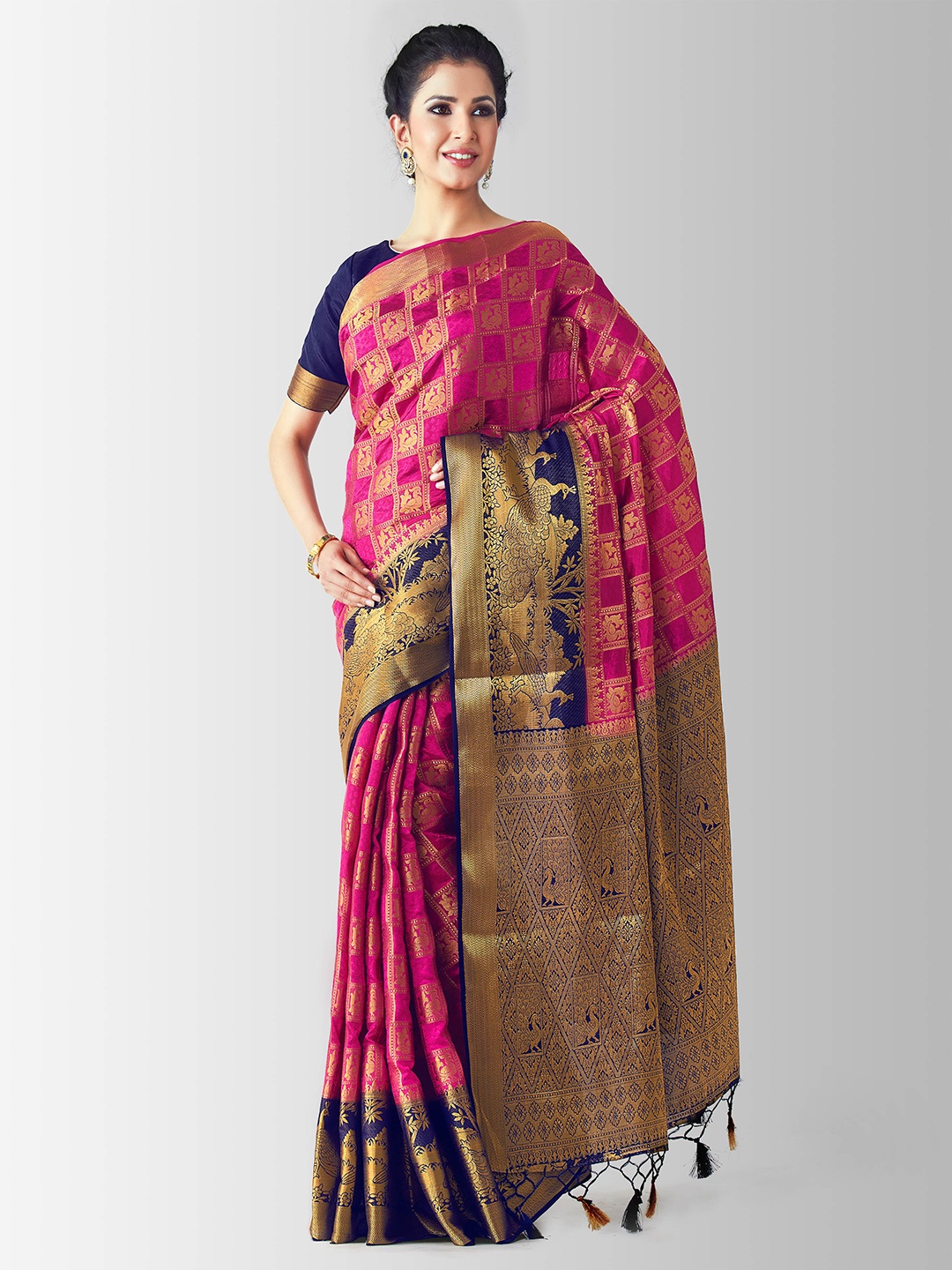 

MIMOSA Pink & Blue Art Silk Woven Design Kanjeevaram Saree