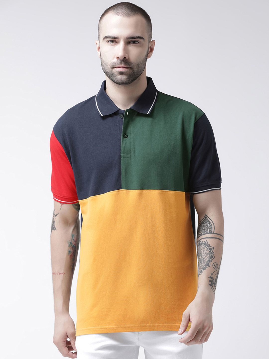 

GRIFFEL Men Navy Blue Colourblocked Polo Collar T-shirt