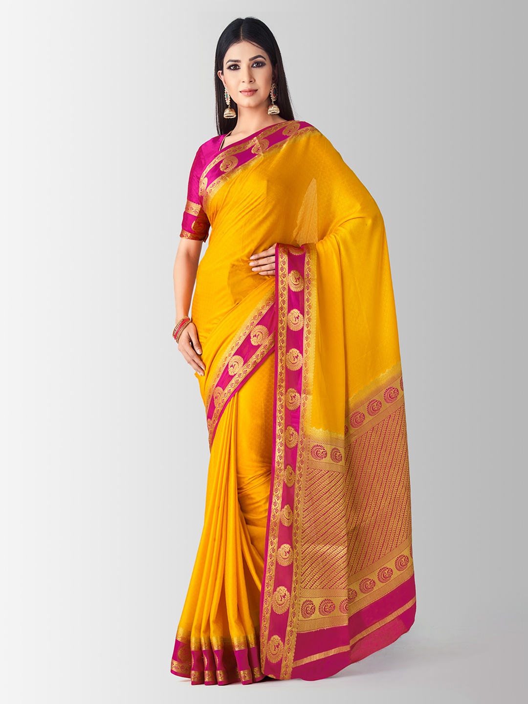 

MIMOSA Mustard Yellow & Pink Poly Crepe Woven Design Kanjeevaram Saree