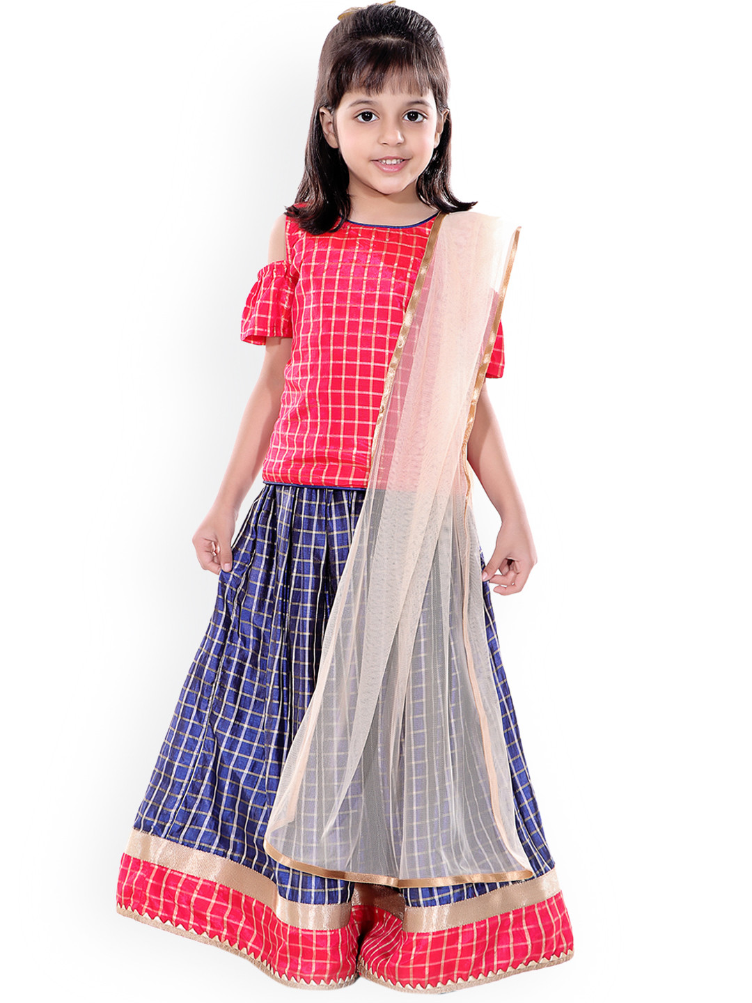 

naughty ninos Girls Red & Navy Blue Printed Ready to Wear Lehenga & Blouse with Dupatta