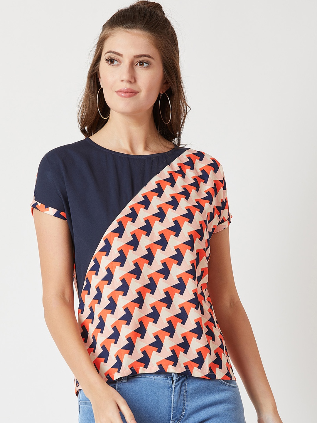 

Miss Chase Women Navy Blue & Orange Printed Top