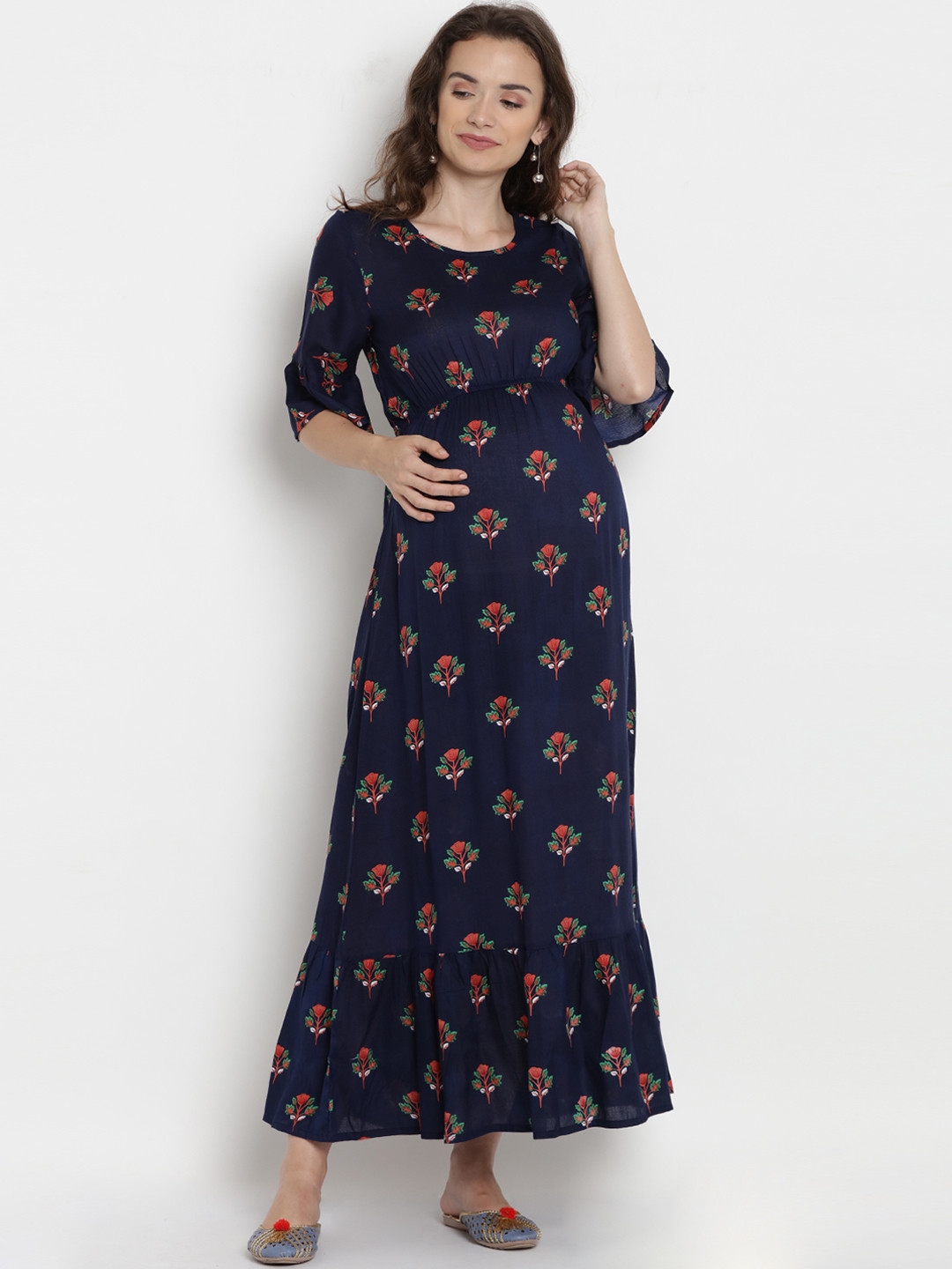 

Mine4Nine Women Navy Blue & Red Floral Print Maternity Maxi Dress