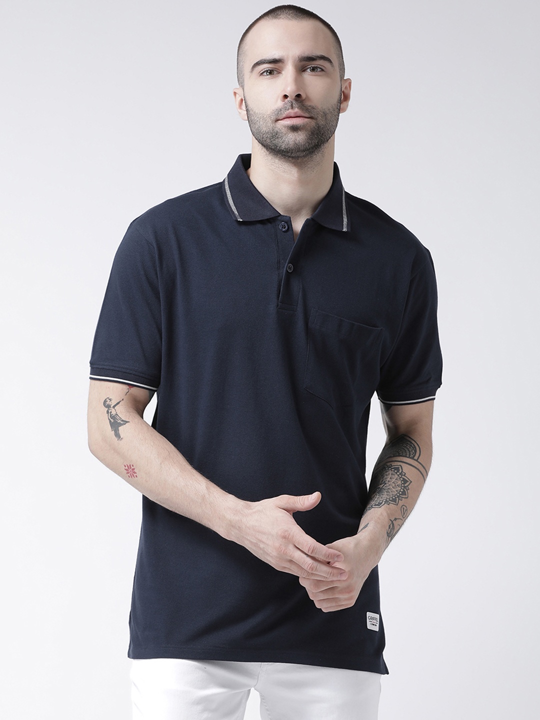 

GRIFFEL Men Navy Blue Solid Polo Collar T-shirt