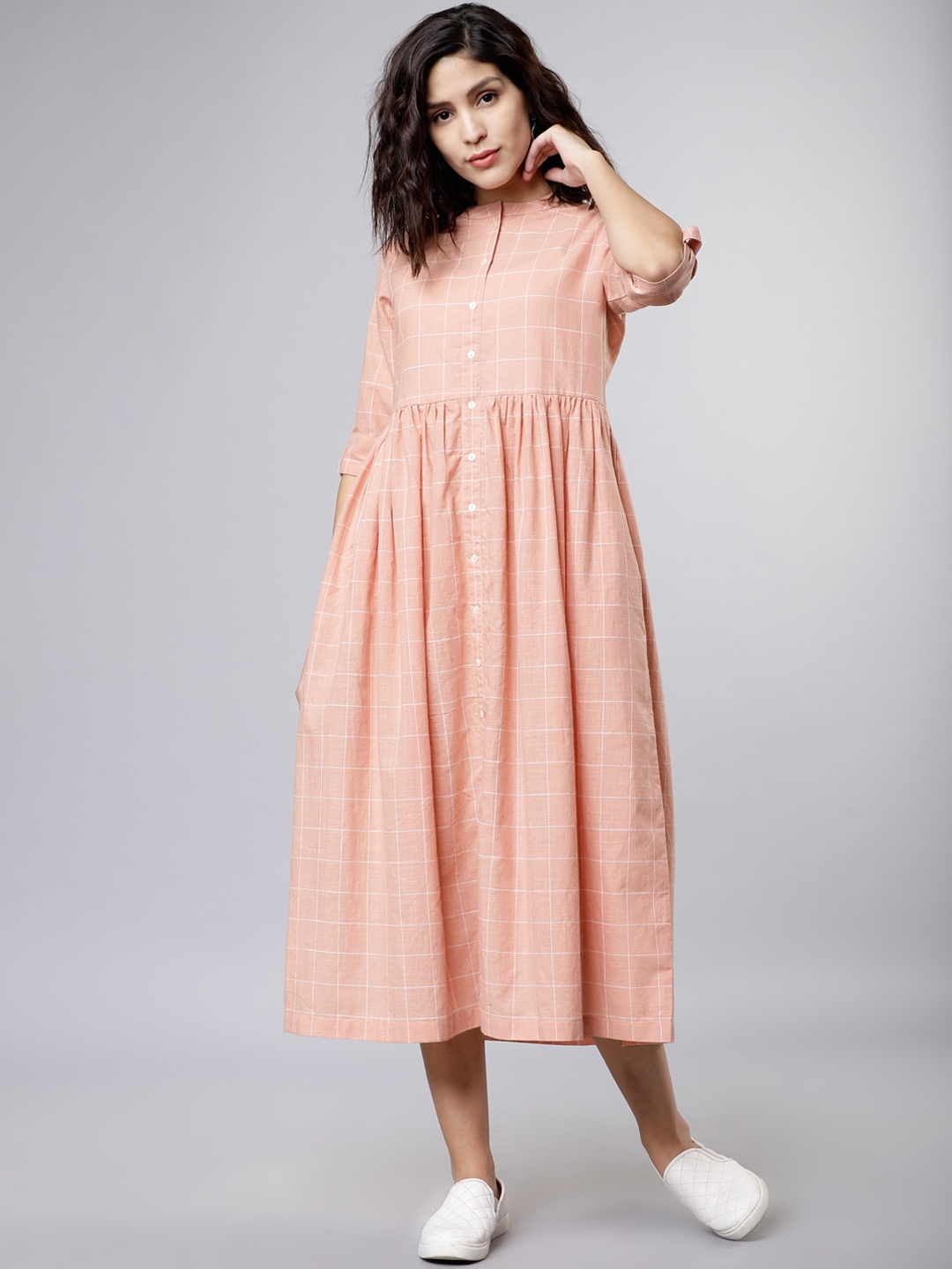 

Vishudh Women Peach-Coloured Checked Shirt Dress