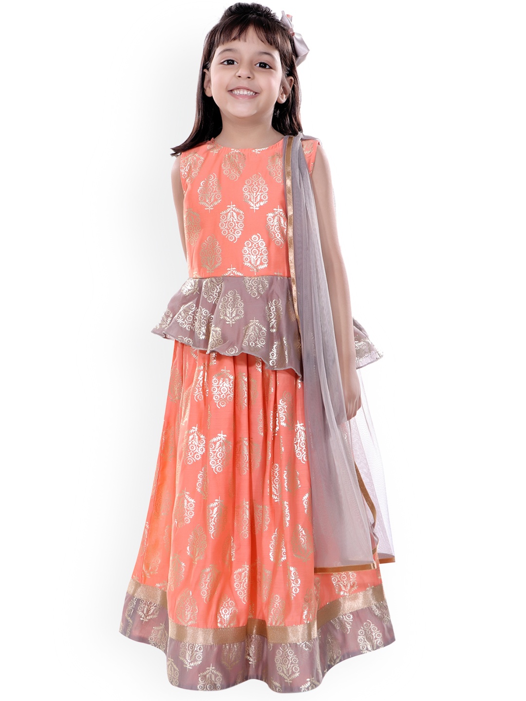 

naughty ninos Girls Orange & Purple Printed Ready to Wear Lehenga & Blouse with Dupatta