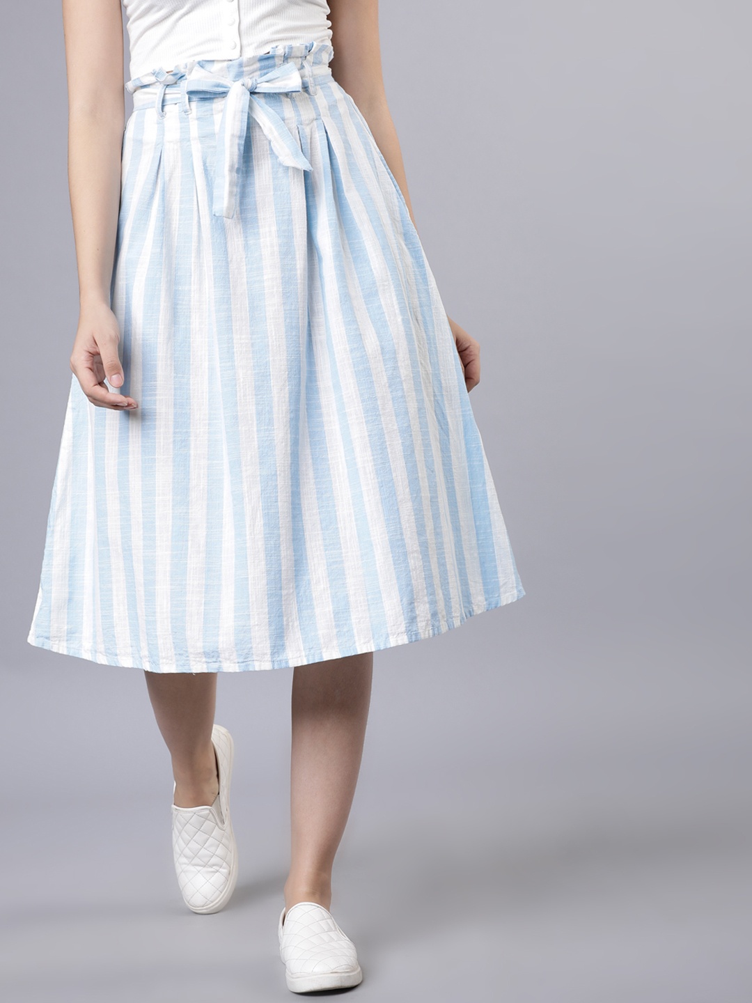 

Tokyo Talkies Women White & Blue Striped A-Line Skirt