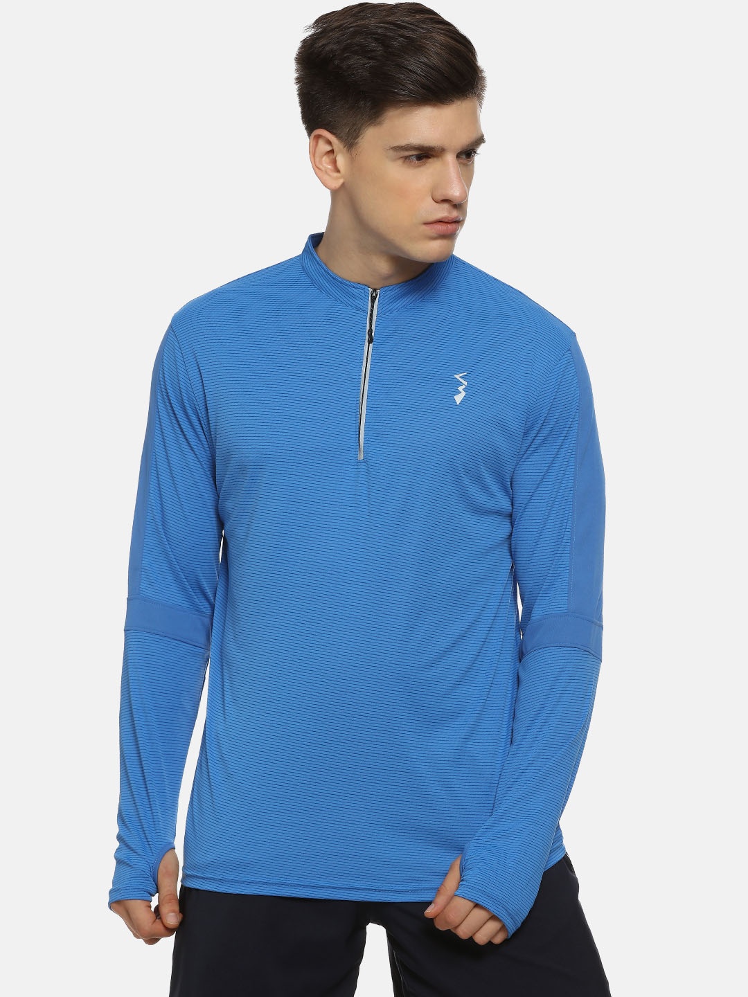 

Campus Sutra Men Blue Striped High Neck T-shirt