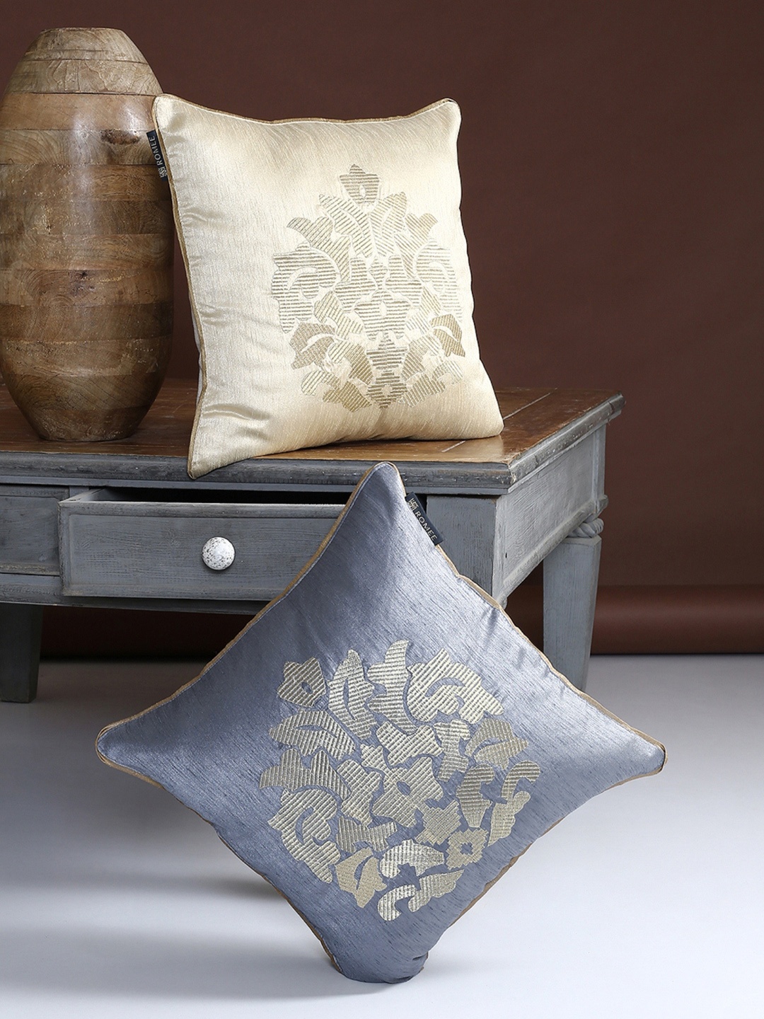 

ROMEE Grey & Coffee Brown Set of 2 Ethnic Motifs Square Cushion Covers