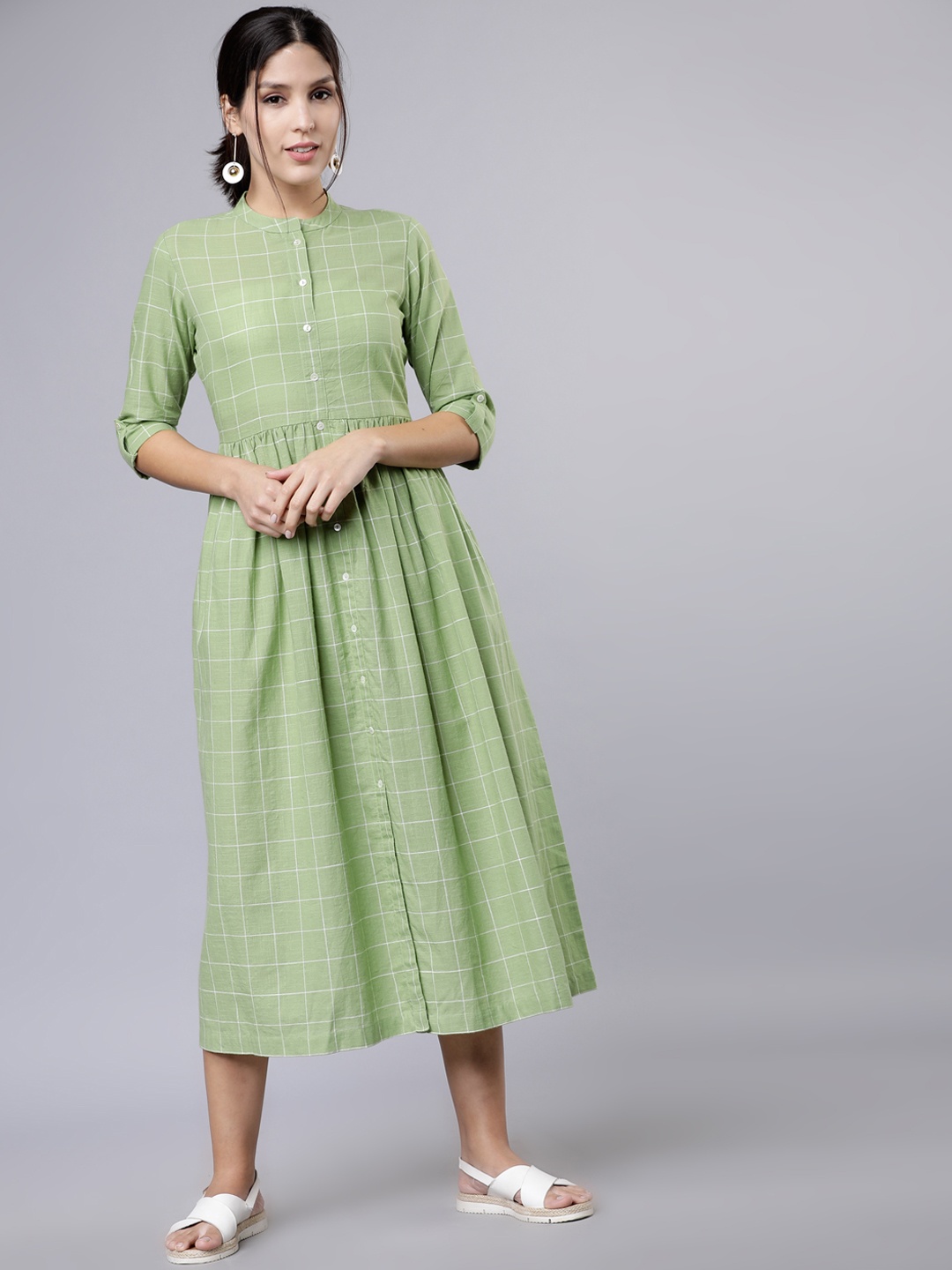 

Vishudh Women Green Checked Shirt Dress