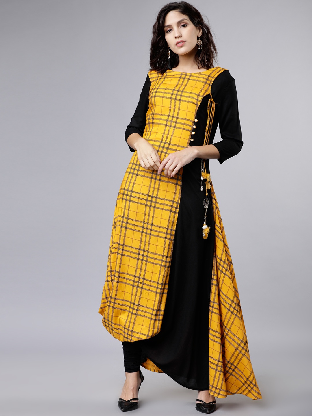 

Vishudh Women Yellow & Black Checked Layered A-Line Kurta
