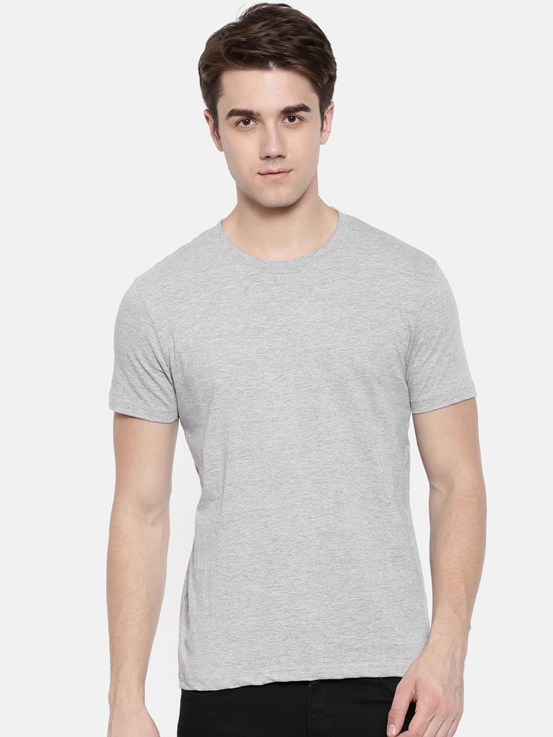 

Bushirt Men Grey Melange Solid Round Neck Pure Cotton T-shirt