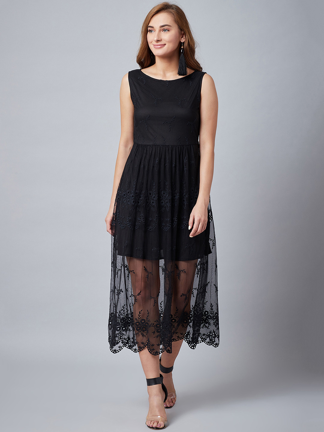 

Athena Women Black Embroidered Fit and Flare Dress