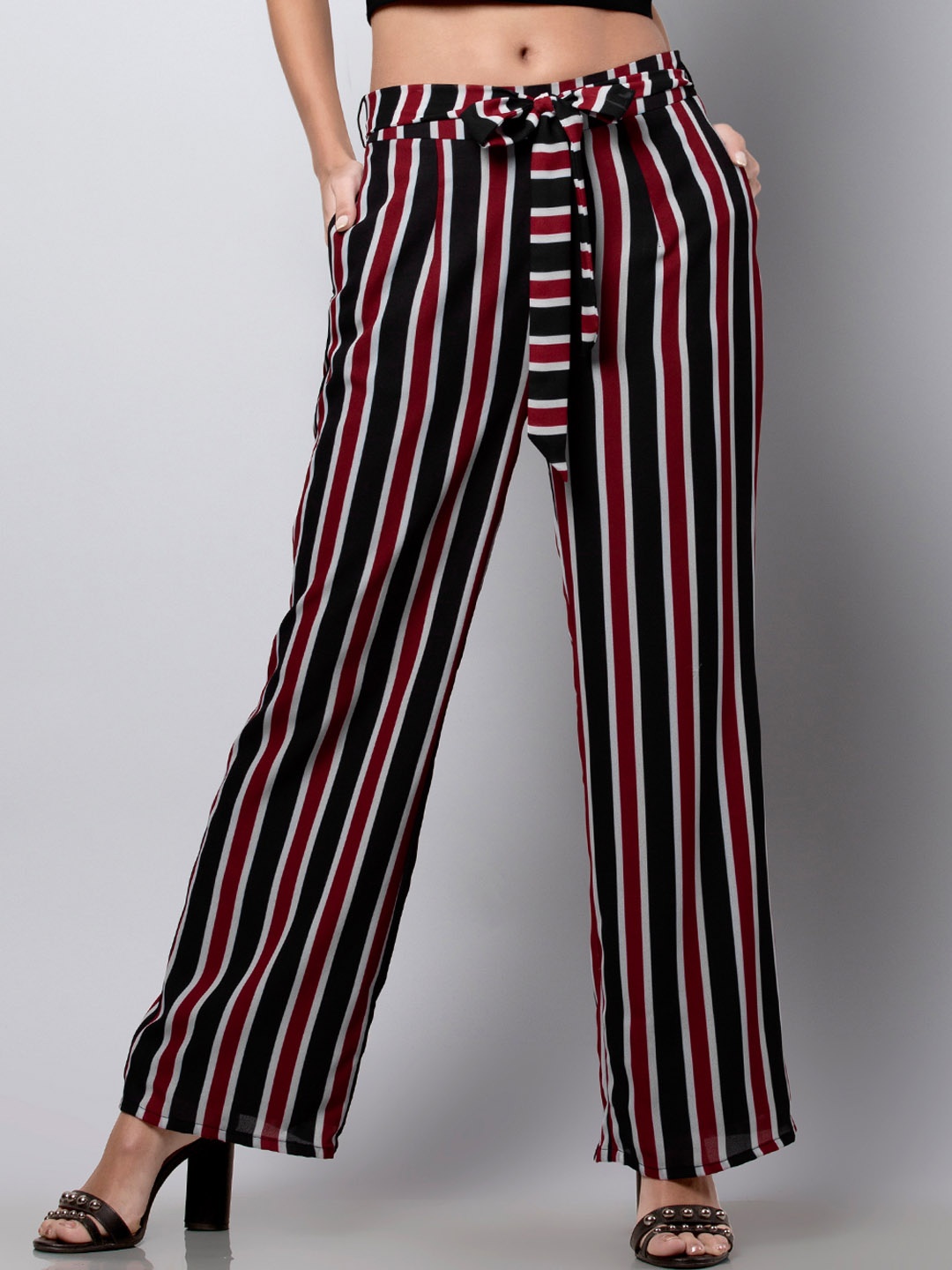 

FabAlley Women Black & Red Straight Fit Striped Parallel Trousers