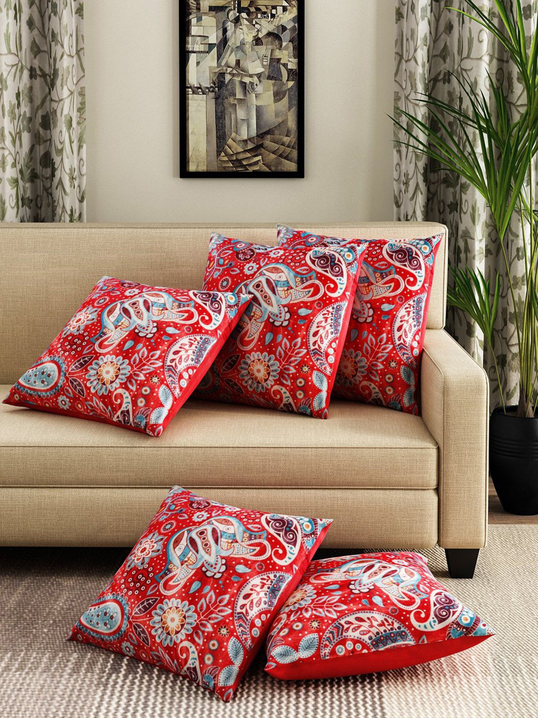 

ROMEE Red & Blue Set of 5 Ethnic Motifs Square Cushion Covers